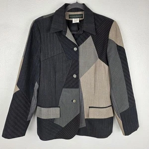 VTG Harve Benard Wool Patchwork Blazer Jacket Womens 12 Neutral Plaid Stripe - Picture 1 of 15