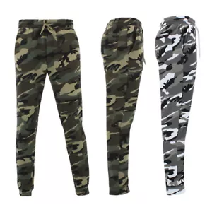 Mens Camouflage Track Pants Fleece Lined Jogger Camo 3 Pockets Sweatpants - Picture 1 of 25