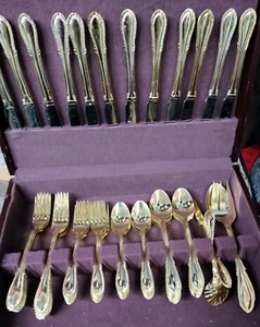 Vintage "BREEZE GOLD" by Farberware Gold Electro-plated 63 Piece Set W/Wppd Case - Picture 1 of 11