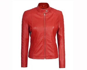 Chaqueta de motociclista ajustada de cuero roja para mujer | Regalo de San Valentín para ella - Imagen 1 de 5