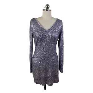 ark & co  Sequin Dress Womens Large Silver Long Sleeve V-Neck Swiftee Mobwife - Picture 1 of 9