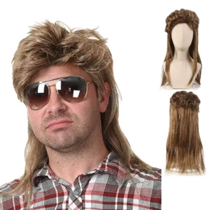Men's Mullet Wig Retro 80s - Fluffy Black/Brown Synthetic Hair for Cosplay Party - Picture 1 of 13