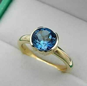 Round London Blue topaz Gemstone Halo Wedding Ring Yellow Gold Plated silver - Picture 1 of 4