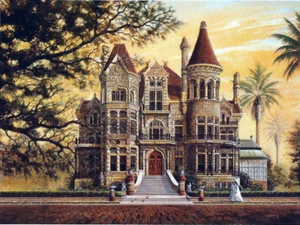 Palacio del Obispo de Galveston Castillo de Gresham Reina Ana victoriana FIRMADO por Souders - Imagen 1 de 1
