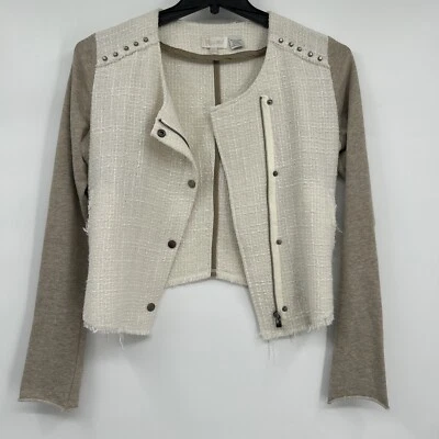 Miss Me 夹克女式 S 码象牙色米色摩托不对称拉链笔孔袖 — 第 1/4 张图片