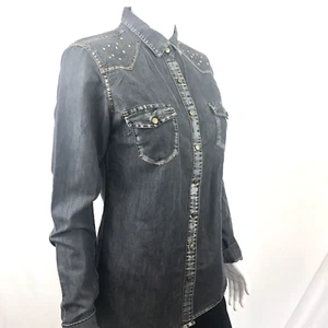 Chambray Shirt Women Top L Gray Stone Wash Snap Up Fitted Brass Embellishments - Picture 1 of 7