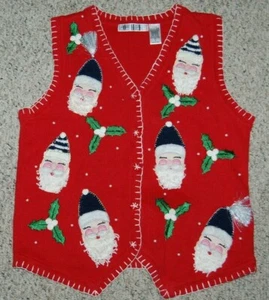 Vintage OHI Red V Neck Santa Faces Holly Christmas Sleeveless Sweater Vest Small - Picture 1 of 3