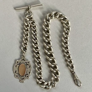 Antike Albert-Taschenuhrenkette Sterlingsilber T-Bar Anhänger edwardianisch schwer 88 g - Bild 1 von 12
