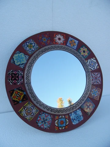 15" ROUND punched tin MIRROR, Mexican talavera tile, hacienda style, handmade Cover