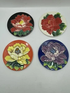 Set Of 4 Ceramic Flower Coasters Cork Backed Embossed Glazed Floral Vivid Peony - Picture 1 of 9