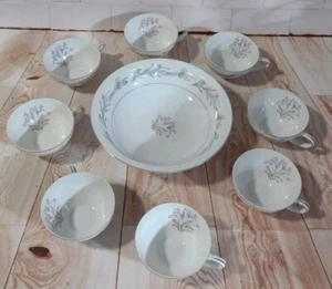 Meito Japan Caroline Pine Silver Fine China 8 Tea Cups And Bowl Pristine! - Picture 1 of 9