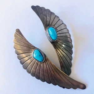 Vintage Turquoise Sterling Silver Earrings 2.5" Wings Large Signed Mexico Blue - Picture 1 of 8