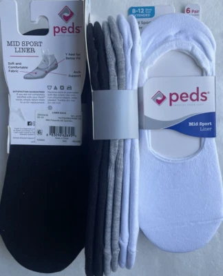 6 Pairs Women’s Authentic Peds Mid Sport Liner Shoe Size 8-12 White Gray Black - Image 1 of 4
