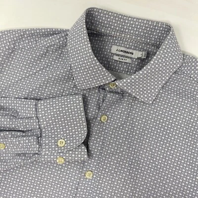 J. Lindeberg Slim Fit Mens L White Blue Geometric Print Long Sleeve Button Shirt - Image 1 of 4