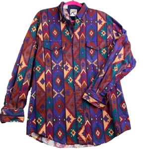 Vintage 80s 90s Roper Shirt Mens L Aztec Southwest Pattern Purple - Picture 1 of 11