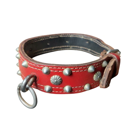 Сверхпрочный красный кожаный ошейник для сторожевой собаки металлические заклепки 4 см винтажный старый жесткий редкий - Изображение 1 из 4