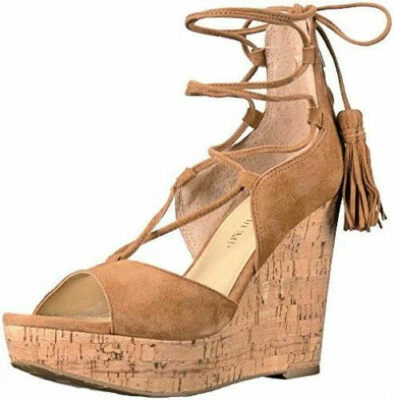 IVANKA TRUMP * HELLAN3 * Sandalias de cuña de cuero gamuza coñac marrón * Talla 8 mediana Foto 1 de 4