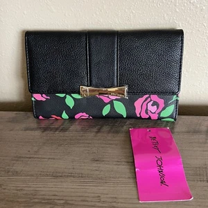 Betsey Johnson Flap Wallet Black Floral Rose Print New Gold Interior MSRP $72 - Picture 1 of 14