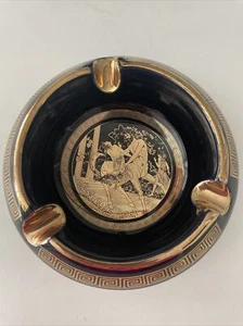 Vtg STAKIAS Handmade Black And 24K Gold Ashtray Greek Key Signed - Picture 1 of 12