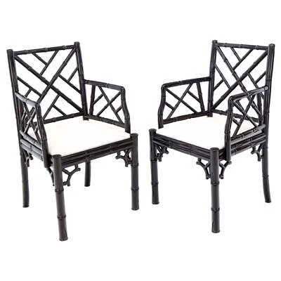 Pair of Ebonized Faux Bamboo Armchairs with New Linen Fabric Upholstery - Image 1 of 4