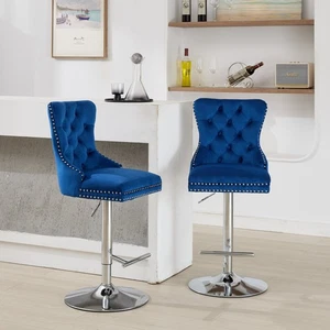 Set/2 Luxury Swivel Kitchen Barstools 25-33" Adjustable Thick Chrome Velvet Blue - Picture 1 of 23