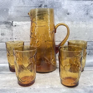 Italian Amber Glass Pitcher and 4 Glasses Set Fruit and Vine MCM 3100 - Picture 1 of 14