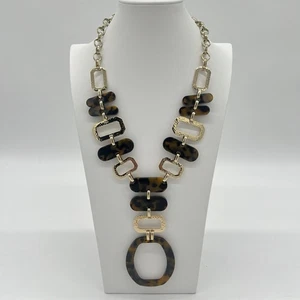 Chico’s Statement Necklace – Tortoise Resin & Gold Tone Hammered Links, 20” - Picture 1 of 9