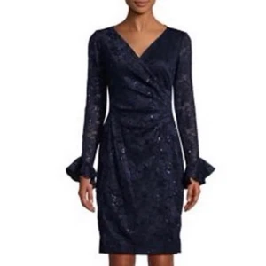 Vestido Vaina Ralph Lauren Azul Marino Manga Larga Volantes Lentejuelas Talla 12 - Imagen 1 de 13