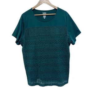 Croft Barrow TShirt Womens 2X Dark Teal Crochet Front Short Sleeve Pullover Tee - Picture 1 of 8