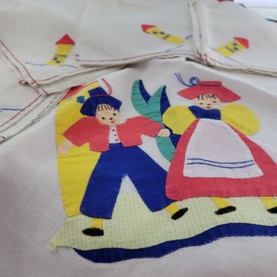 Vintage Embroidered Dutch Holland Tablecloth + 4 Napkins Linen 1930s - Image 1 of 4