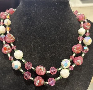 Vintage Pink Art Glass Crystal Bead Signed Vendome Necklace 15-16.5” - Picture 1 of 8