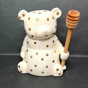 Anthropologie Dottie Honey Pot Ceramic Bear Jar With Gold Polka Dots Wood Spoon - Picture 1 of 8
