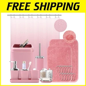 Duschvorhang Set Ombre Rosa mit Haken und Badteppichen - Bild 1 von 11