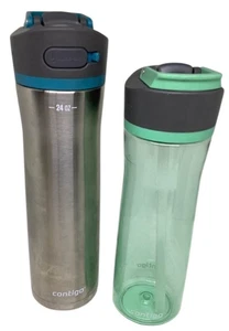 Stainless Steel Transparent Plastic Green Water Bottle Contigo Carry Straw Lot 2 - Picture 1 of 7