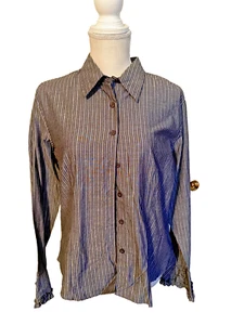 Kathy Ireland - Button Up Gray Top Blouse Stripe W/Silver -Size L - NWT - Picture 1 of 4