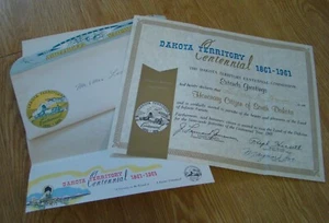 1961 Dakota Territory Centennial Honorario Certificado de Ciudadano Papelería del Sur - Imagen 1 de 7
