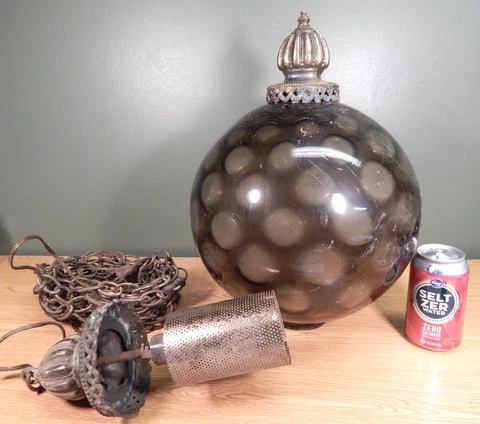 HUGE MID CENTURY SMOKEY GRAY GLASS BALL HANGING LIGHT FIXTURE TO RESTORE Cover