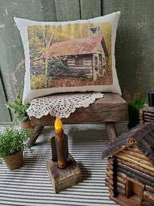 PRIMITIVE VINTAGE FALL FARM VICTORIAN STYLE SCHOOL CABIN RED TIN ROOF PILLOW - Picture 1 of 10