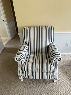 Ethan Allen Blue and White Striped Upholstered Rolled Arm Chair  - Image 1 of 4