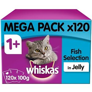 120 x 100g Whiskas 1+ Adult Wet Cat Food Pouches Mixed Fish in Jelly Mega Pack