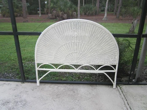 Vintage White Wicker Full Headboard Coastal Shabby Chic Cover