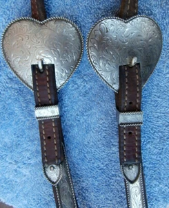 Vintage Engraved Large Heart Buckle Shaped Ear Horse Headstall w/Bit Clips - Picture 1 of 8