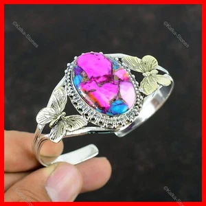 Natural Kingman Pink Dahlia Turquoise Stone 18K Gold Plated Silver Wife Bangle - Picture 1 of 6