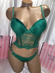 Victoria's Secret Bombshell BH Korsett Glitzer 32C Small Höschen grün - Bild 1 von 5