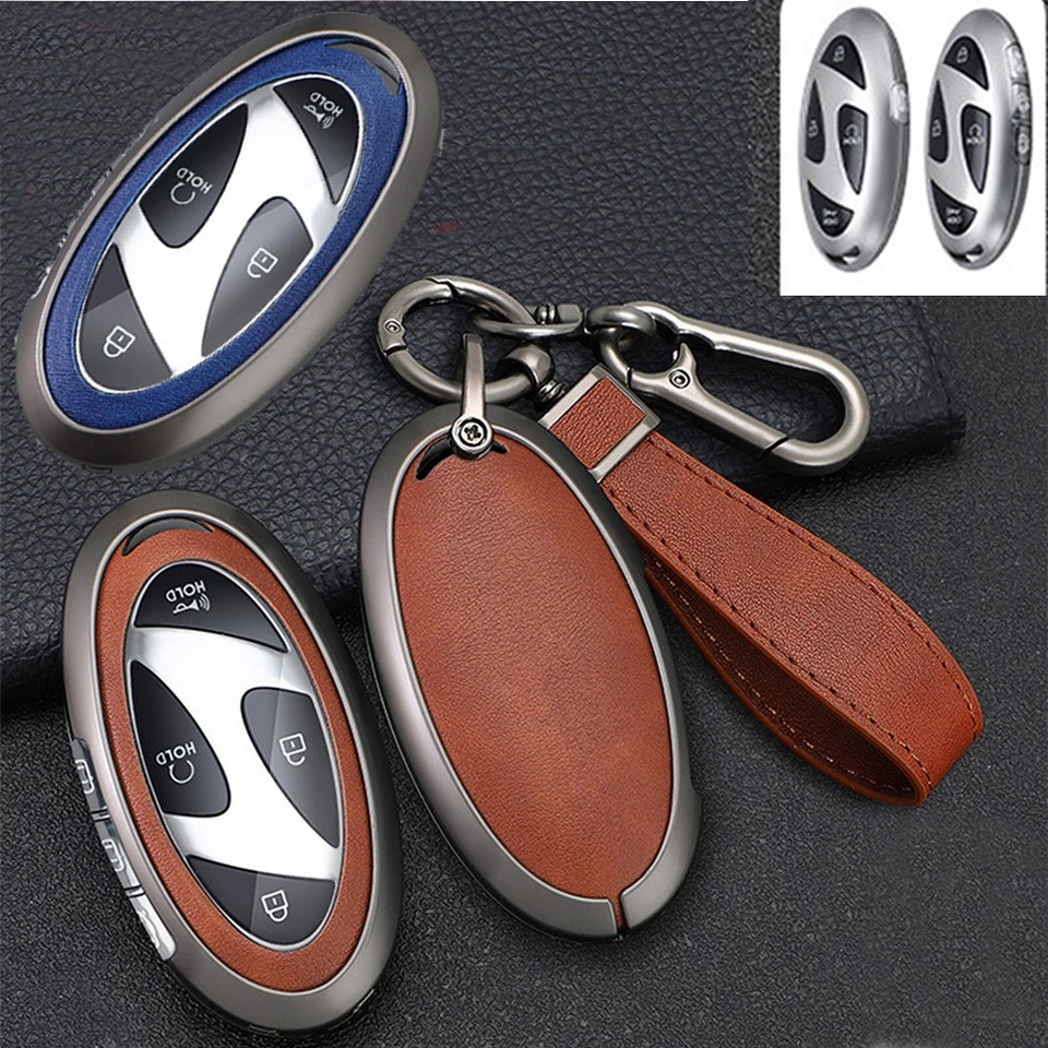 For Hyundai Tucson Sonata Santa Fe Kona Nexo Metal Leaher Car Key Fob Cover Case - Image 1 of 4