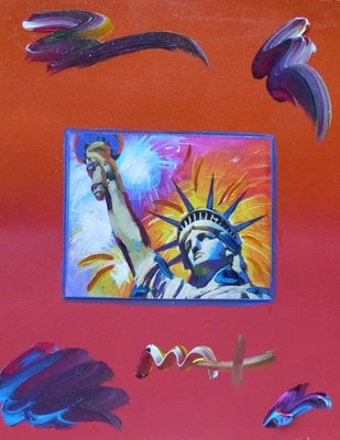 PETER MAX ESTATUA DE LA LIBERTAD Única Media Mixta con Acrílico sobre Papel Firmado a Mano Foto 1 de 4