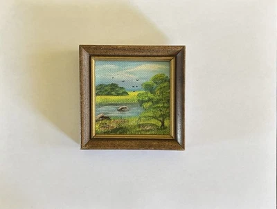 Pintura al óleo vintage en miniatura enmarcada escenas serenas Don Nuss Smethport, PA 16749 Foto 1 de 4
