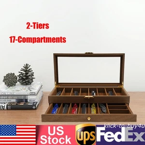 Pocket Knife Glass Top Black Liner 2-Tier Fork Storage Display Case Walnut Color - Picture 1 of 11