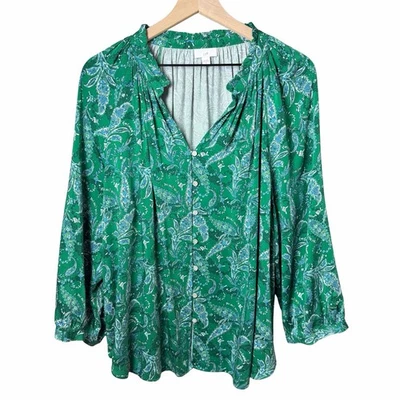 J. Jill пейсли зеленый с оборками кнопка спереди Puff рукав зеленый женский размер 2 X - Изображение 1 из 4