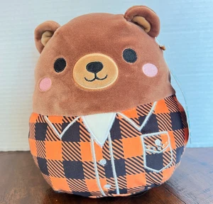 Squishmallows 7.5" Omar The Brown Bear Orange Plaid Shirt NWT - Picture 1 of 7